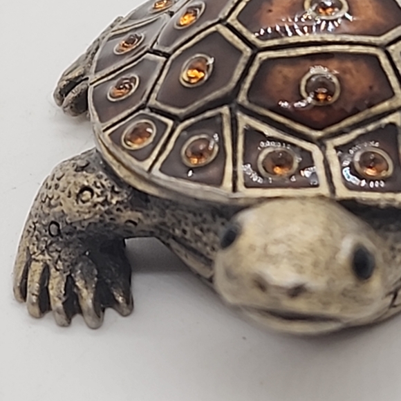 Turtle Enamel Topaz Rhinestone Brass Hinged Pill Trinket Box Vintage Tortoise - Picture 8 of 13